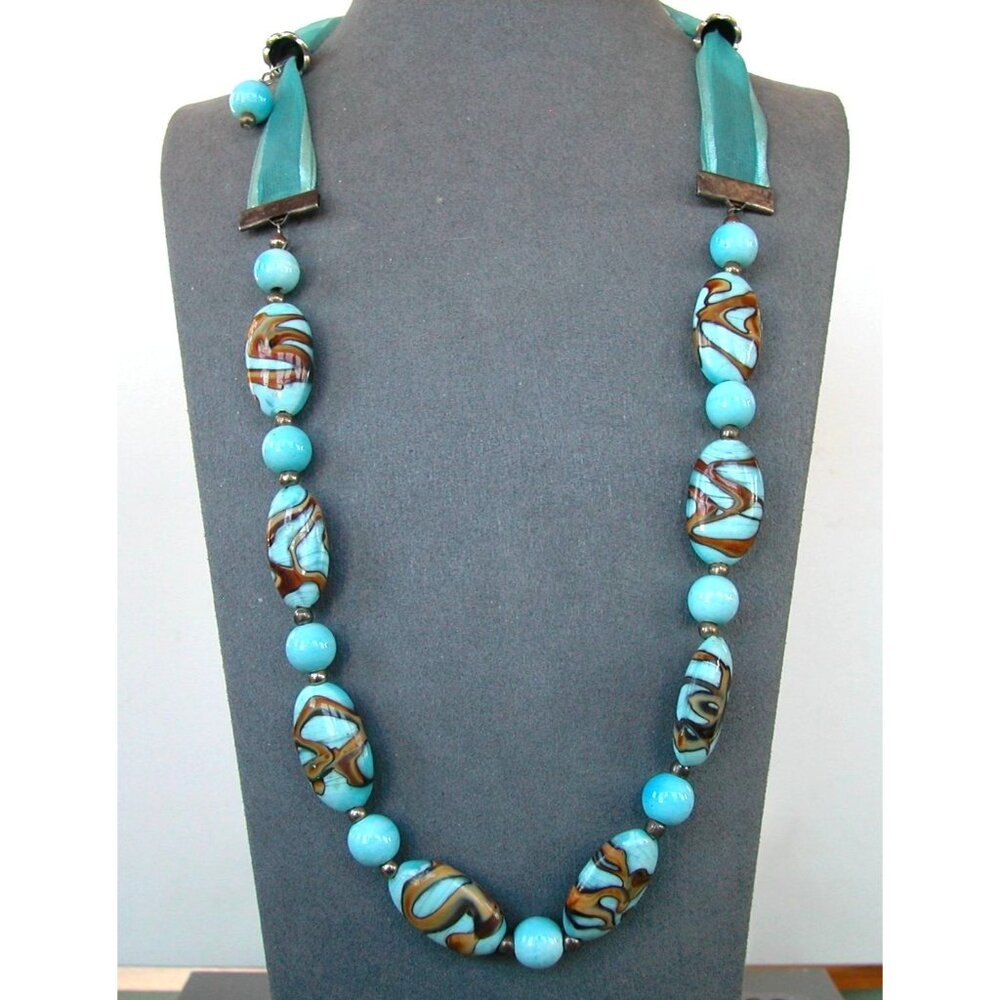 Turquoise Art Glass Beads Necklace 24"& Earrings 2"